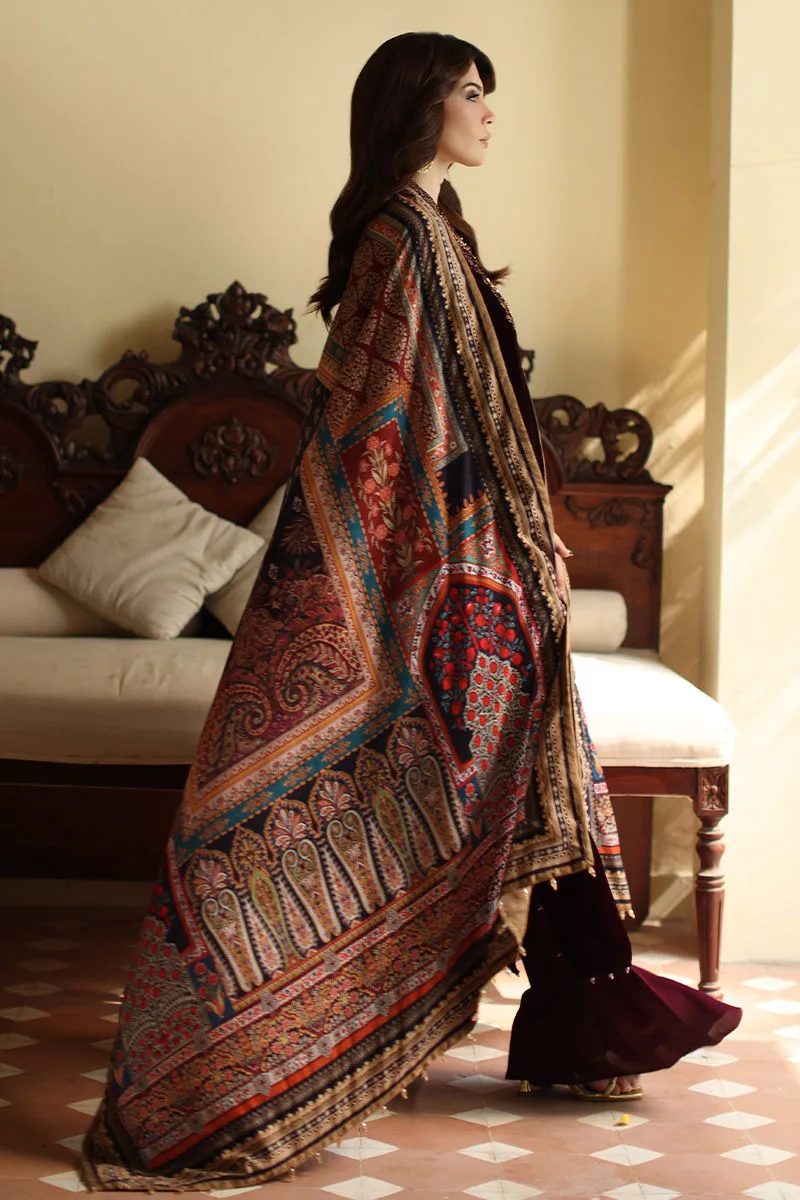 Dark maroon velvet shawl with printed design – view 5 – Poshaq