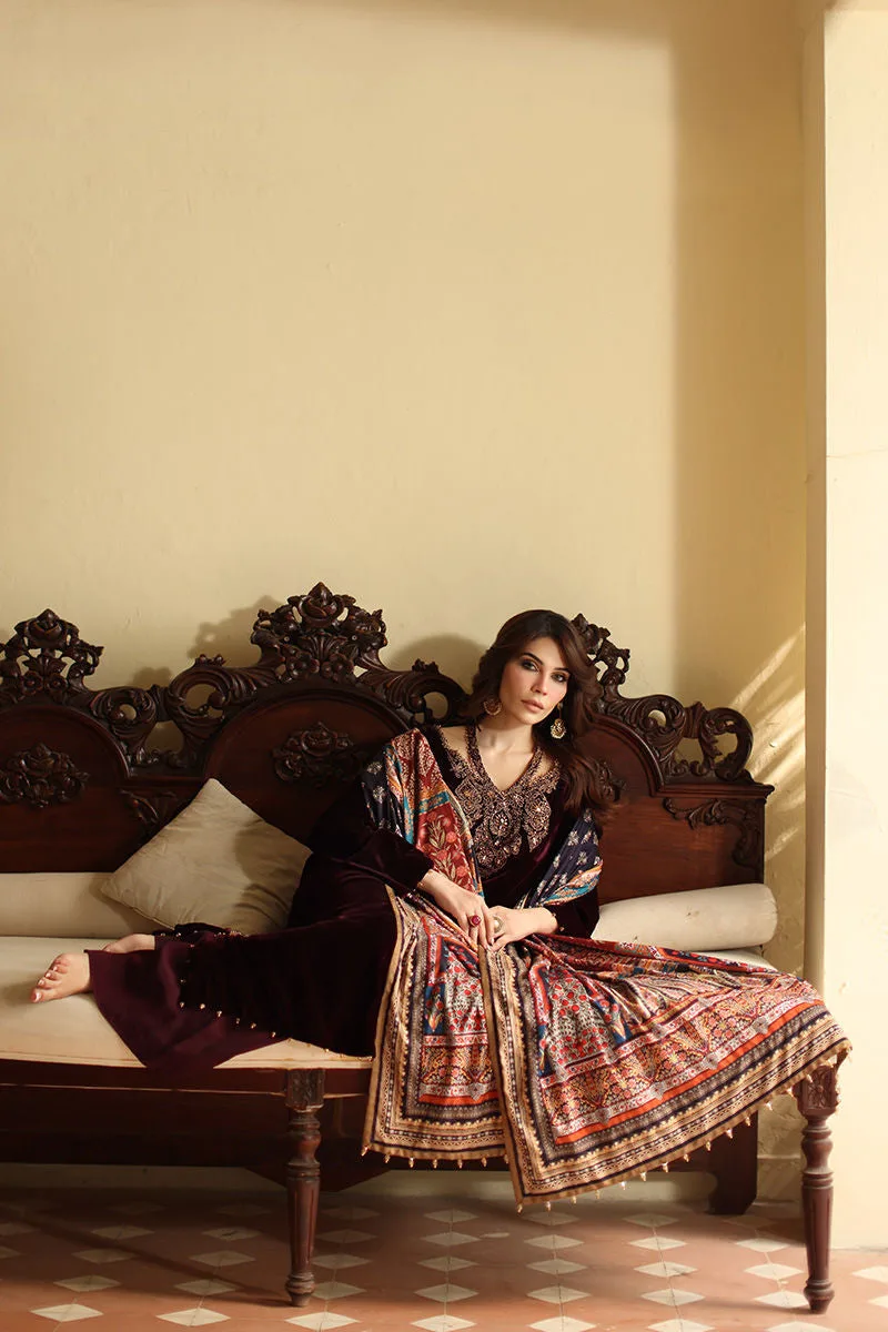 Dark maroon velvet shawl with printed design – view 6 – Poshaq