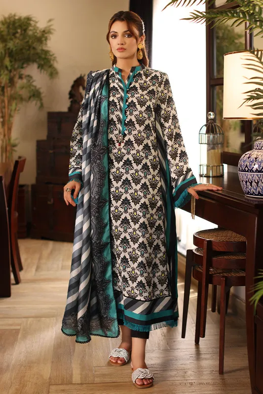 White silk three‑piece set with printed long shirt, dupatta and straight trousers – view 1 – Poshaq