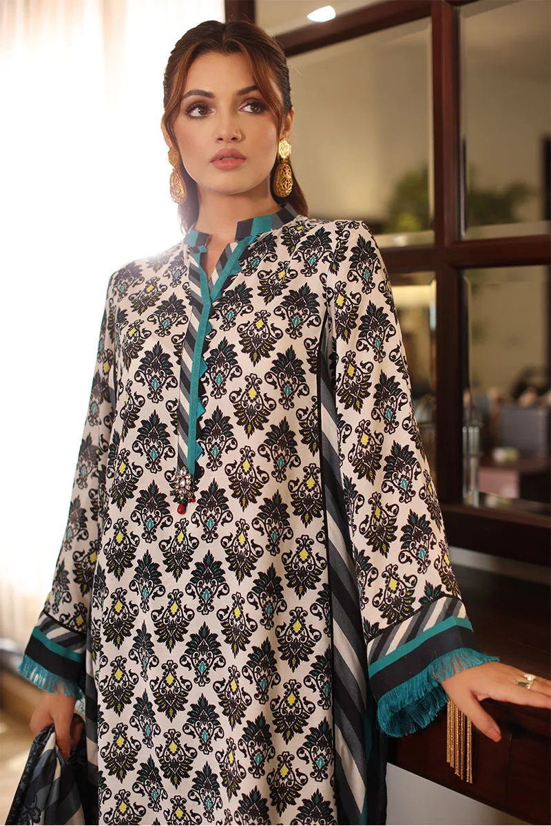 White silk three‑piece set with printed long shirt, dupatta and straight trousers – view 2 – Poshaq