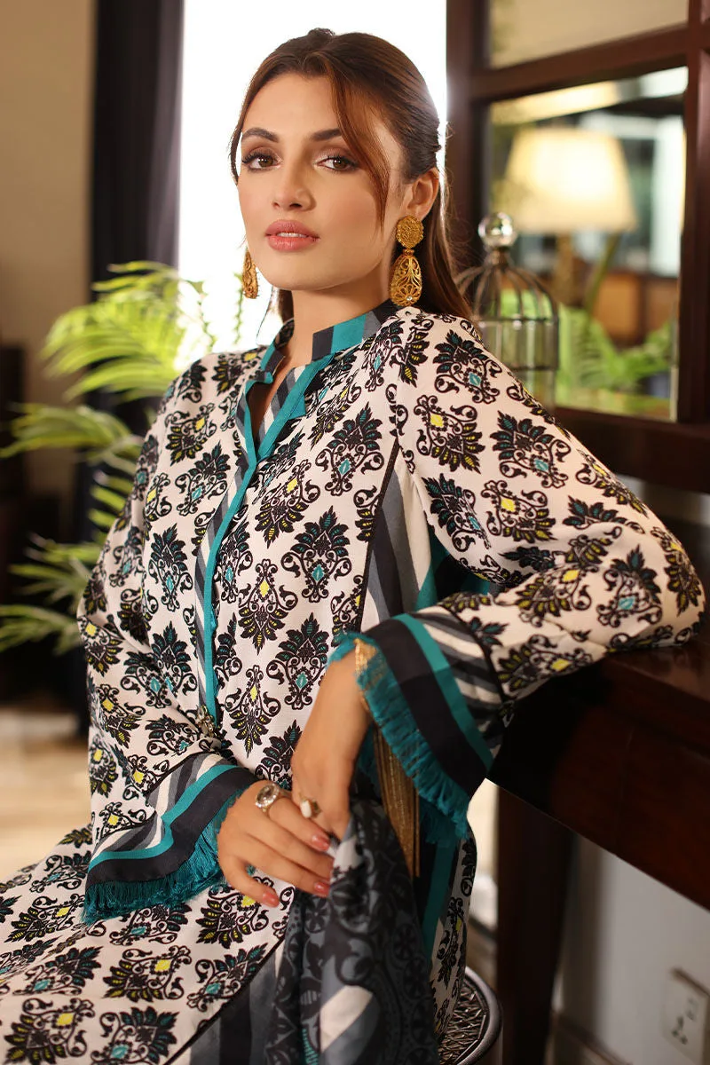 White silk three‑piece set with printed long shirt, dupatta and straight trousers – view 4 – Poshaq