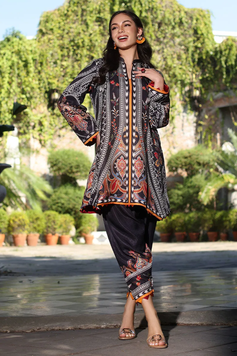 Black lawn co‑ord set with subtle printed design by Aisha Imran – view 1 – Poshaq