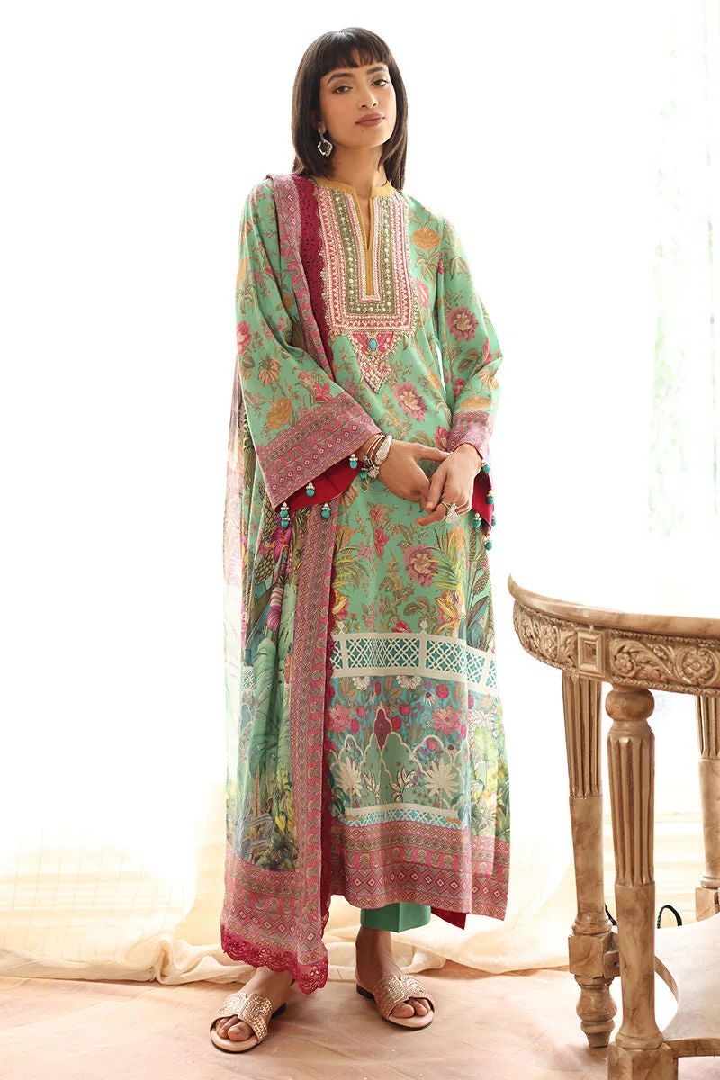 Mint green silk three‑piece suit with lace‑trimmed dupatta – view 1 – Poshaq