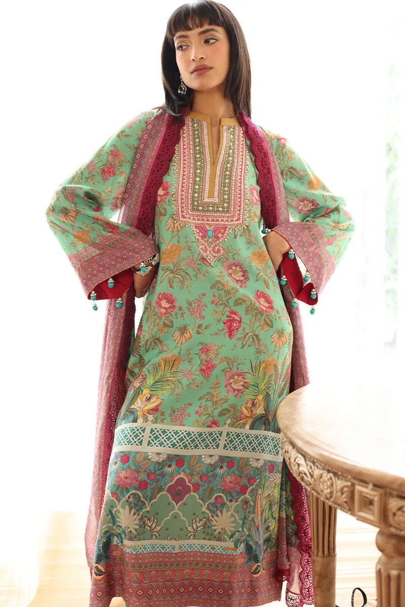 Mint green silk three‑piece suit with lace‑trimmed dupatta – view 2 – Poshaq