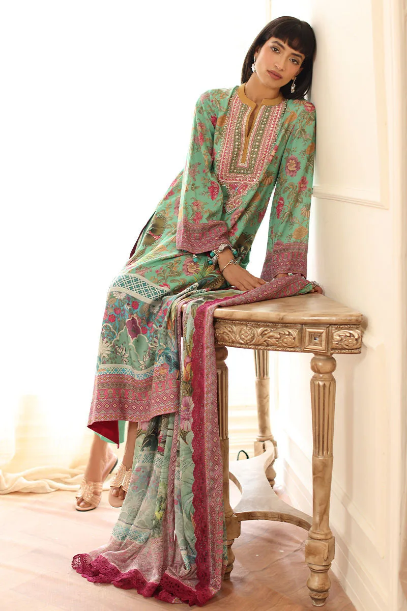 Mint green silk three‑piece suit with lace‑trimmed dupatta – view 3 – Poshaq