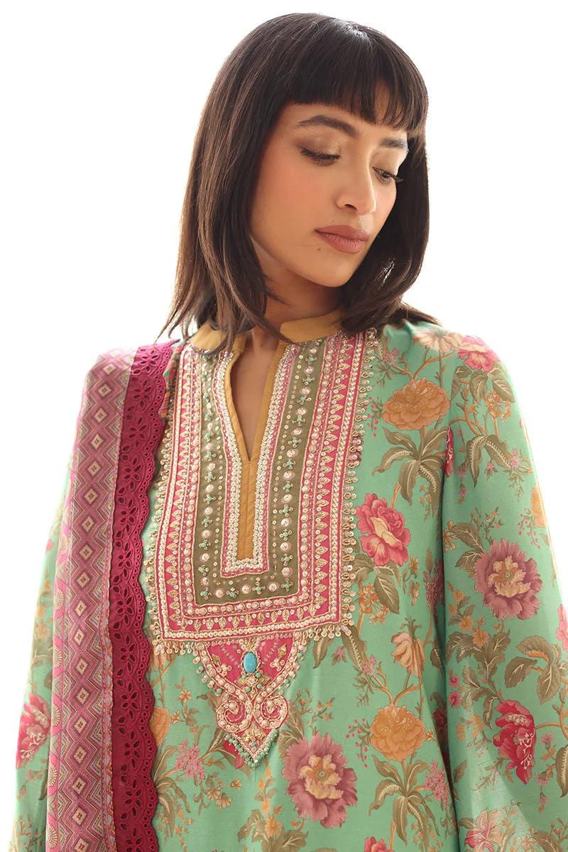 Mint green silk three‑piece suit with lace‑trimmed dupatta – view 4 – Poshaq