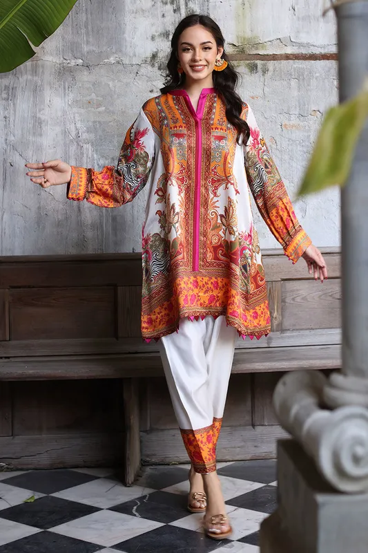 White lawn co-ord set with subtle printed detailing – view 1 – Poshaq