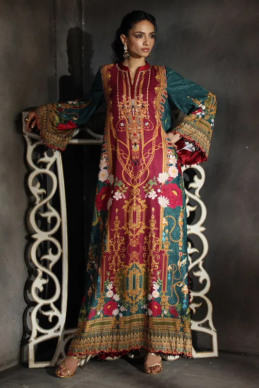 Multicolour velvet kaftan with embroidered neckline – view 1 – Poshaq