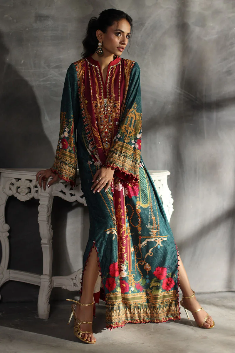 Multicolour velvet kaftan with embroidered neckline – view 3 – Poshaq
