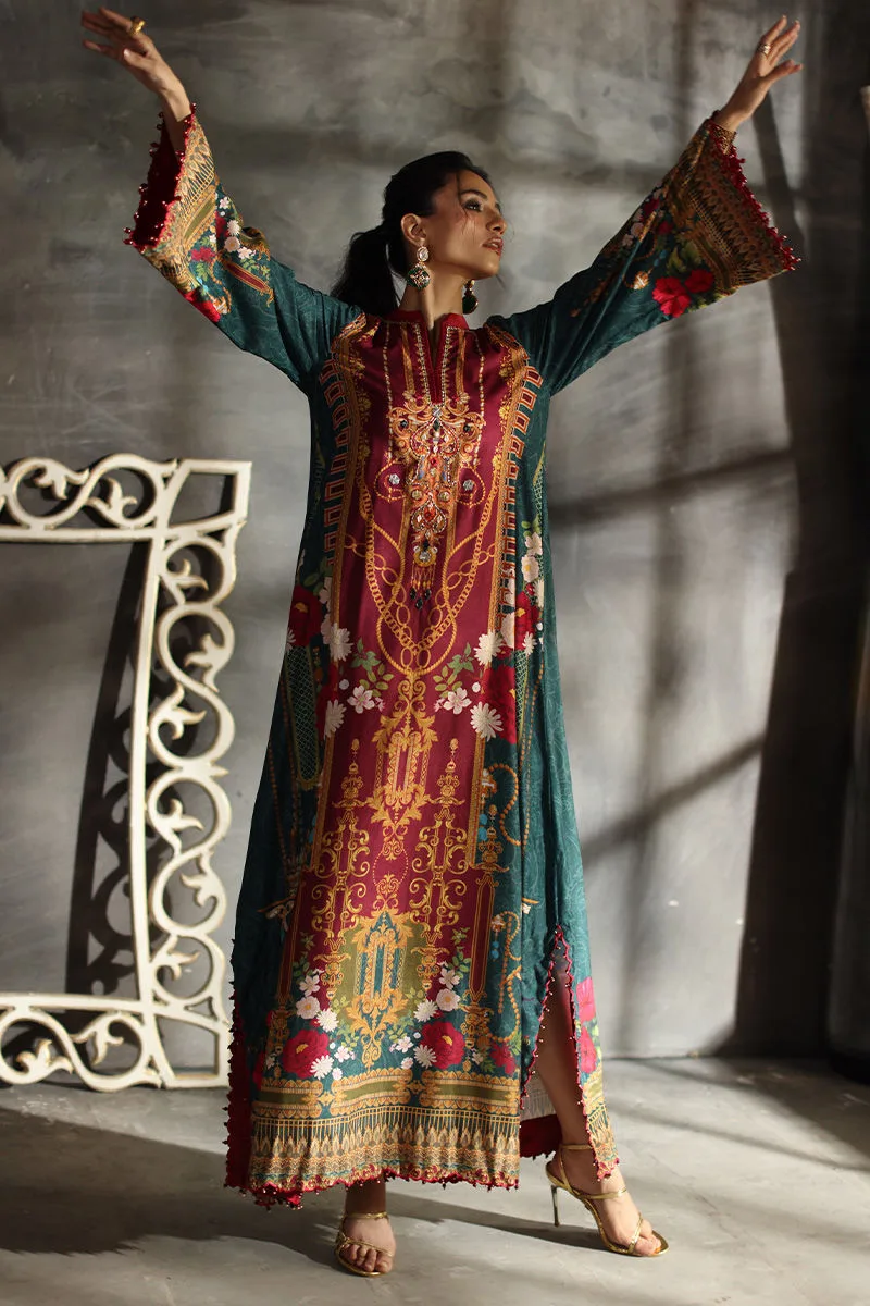 Multicolour velvet kaftan with embroidered neckline – view 5 – Poshaq