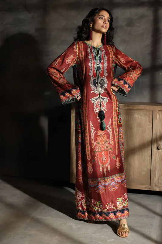 Multicoloured velvet kaftan with embroidered neckline – view 1 – Poshaq