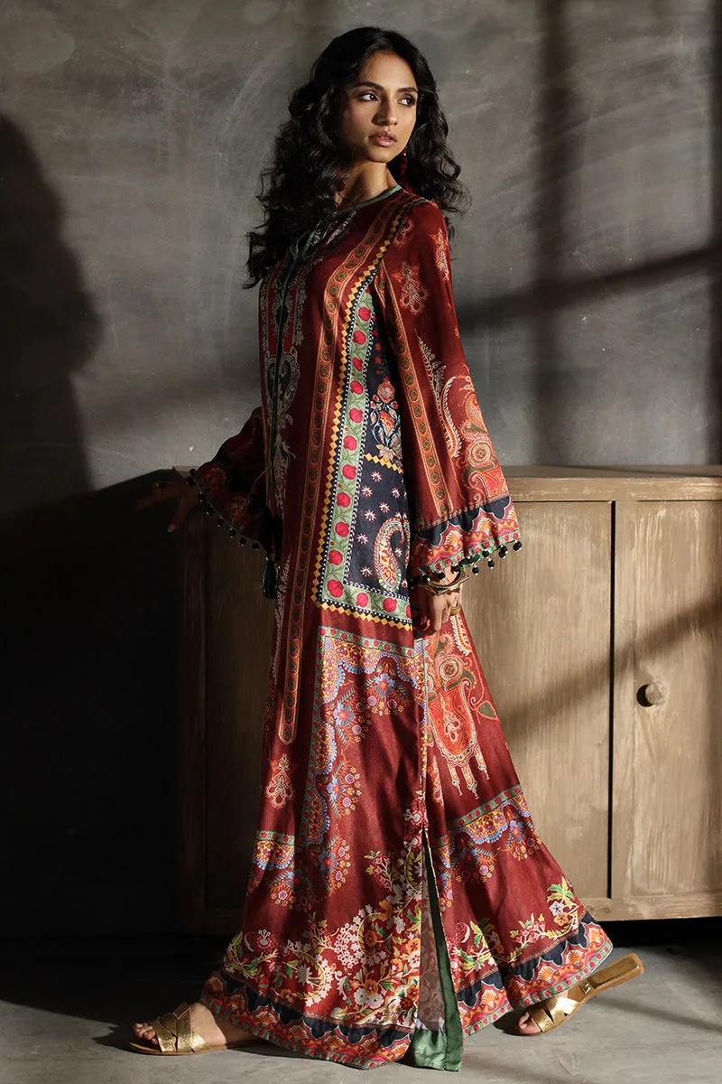 Multicoloured velvet kaftan with embroidered neckline – view 2 – Poshaq