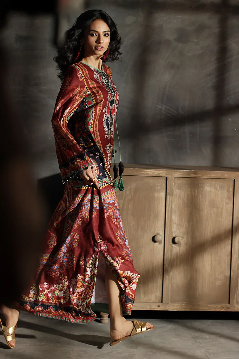 Multicoloured velvet kaftan with embroidered neckline – view 3 – Poshaq