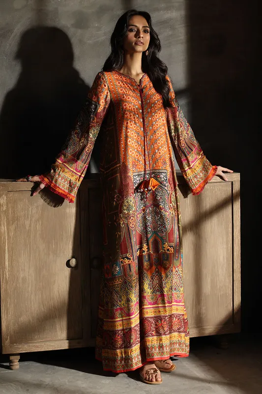 Multicolour velvet kaftan with embroidered neckline – view 1 – Poshaq