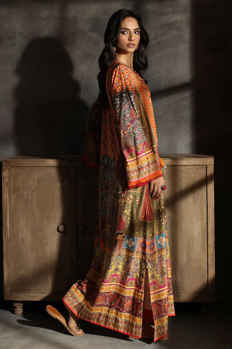Multicolour velvet kaftan with embroidered neckline – view 2 – Poshaq