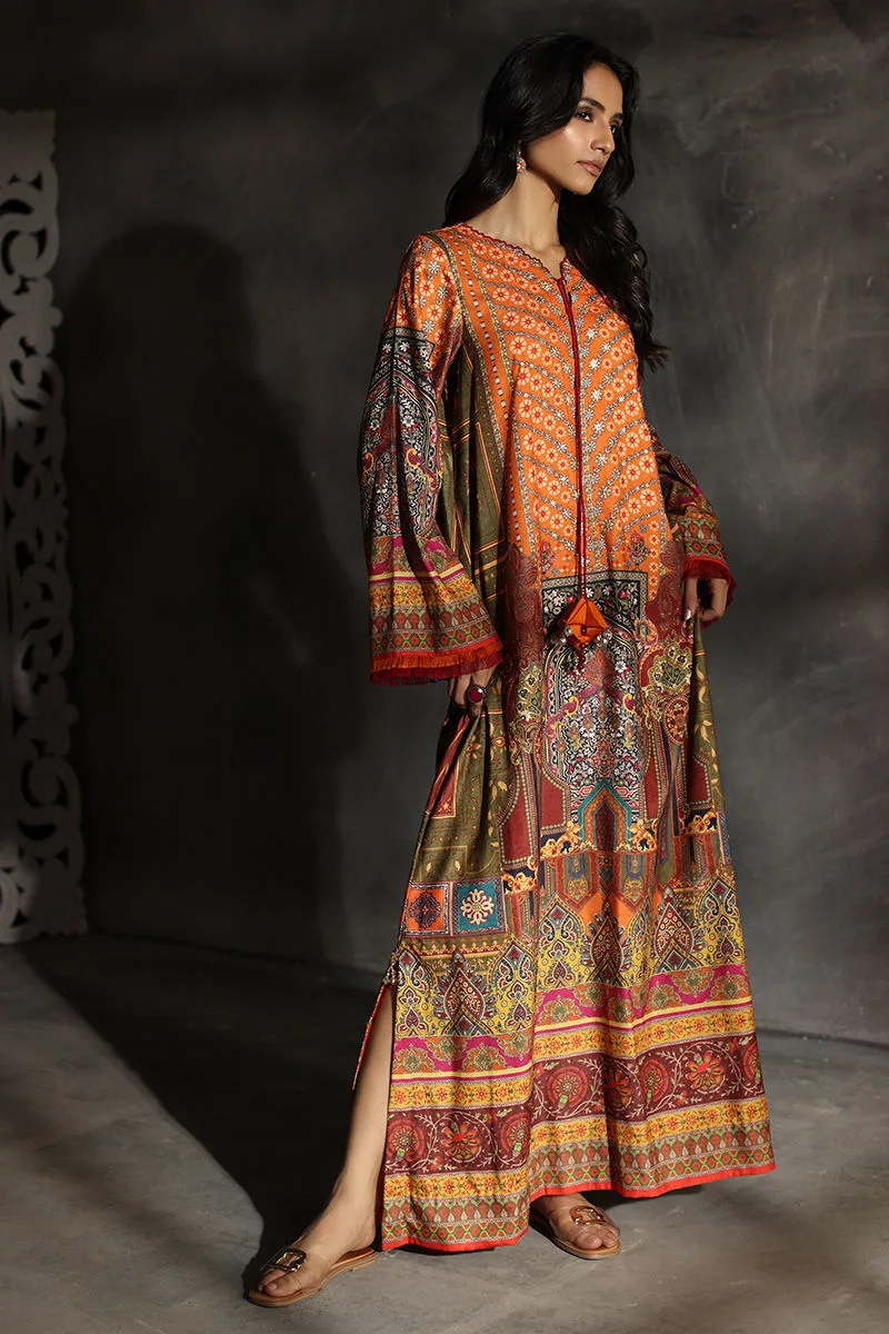 Multicolour velvet kaftan with embroidered neckline – view 3 – Poshaq