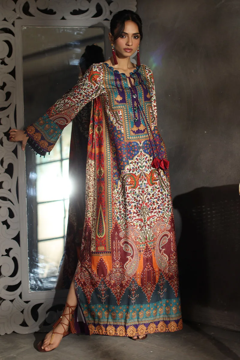 Multicolour velvet kaftan with embroidered neckline – view 1 – Poshaq