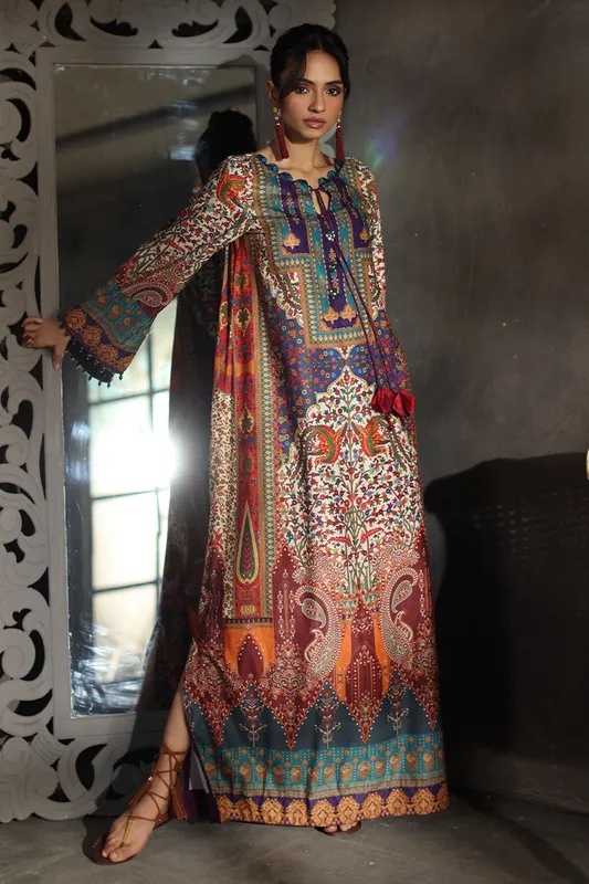 Multicolour velvet kaftan with embroidered neckline – view 1 – Poshaq