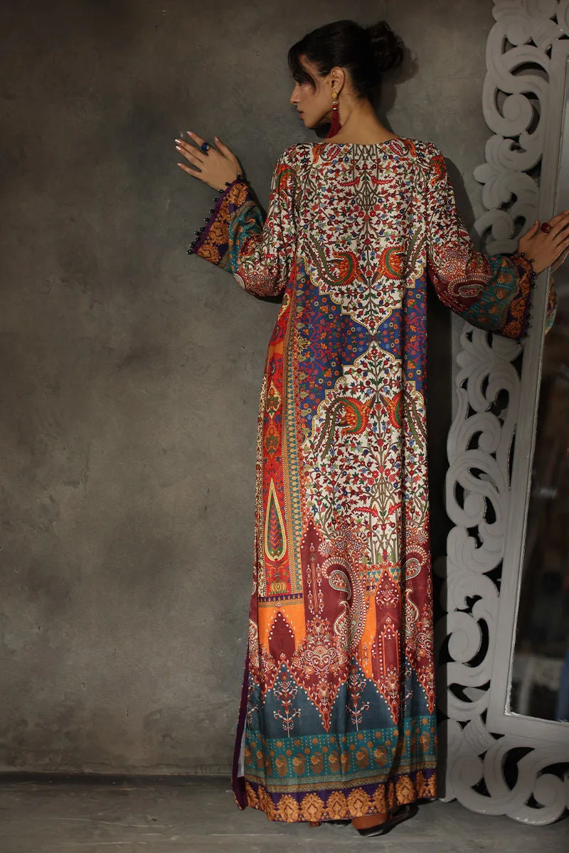 Multicolour velvet kaftan with embroidered neckline – view 2 – Poshaq