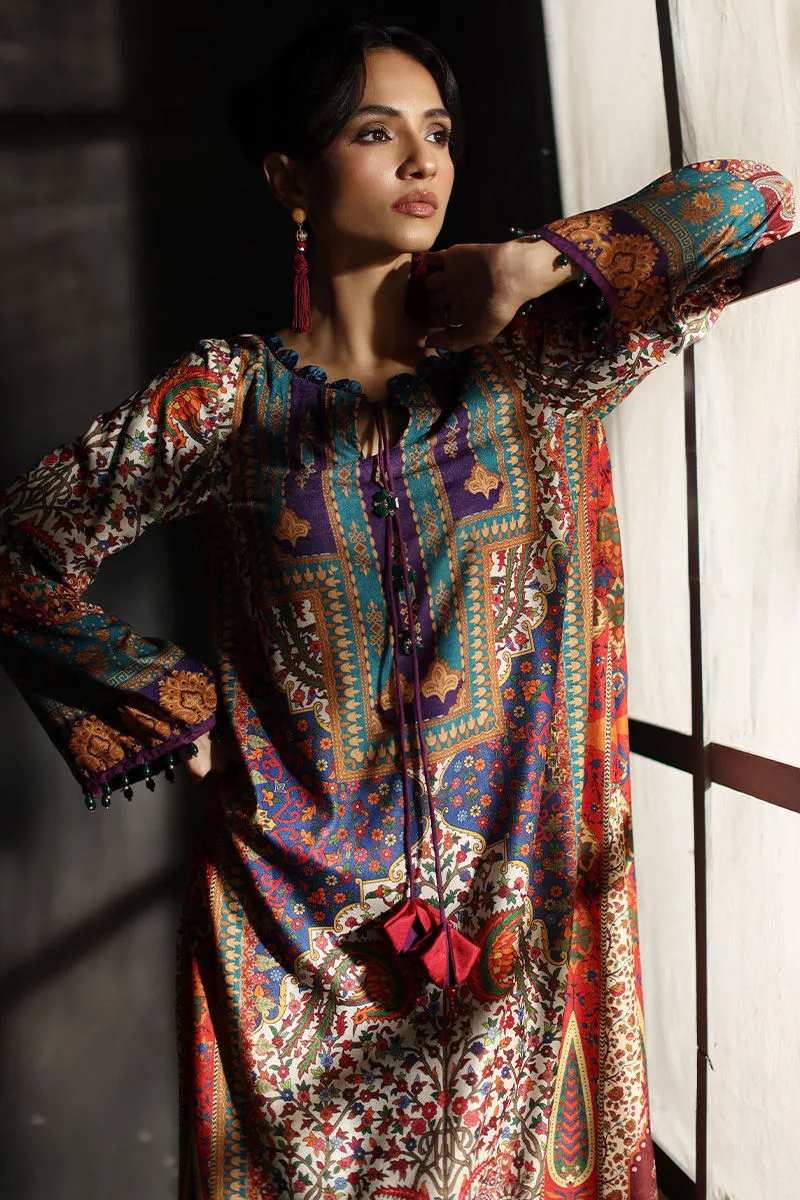 Multicolour velvet kaftan with embroidered neckline – view 3 – Poshaq