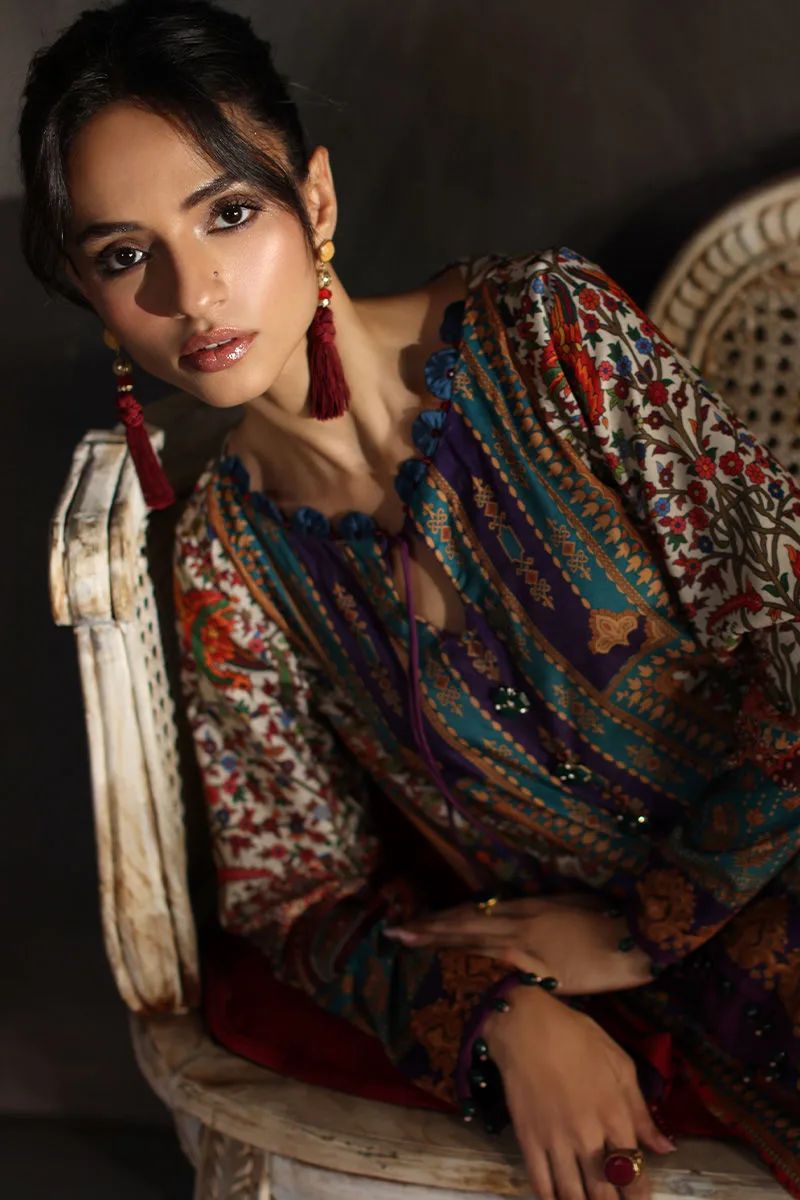 Multicolour velvet kaftan with embroidered neckline – view 4 – Poshaq