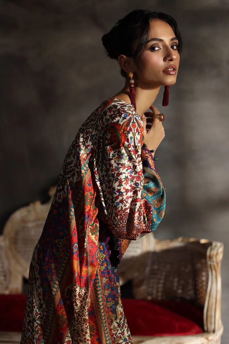 Multicolour velvet kaftan with embroidered neckline – view 5 – Poshaq