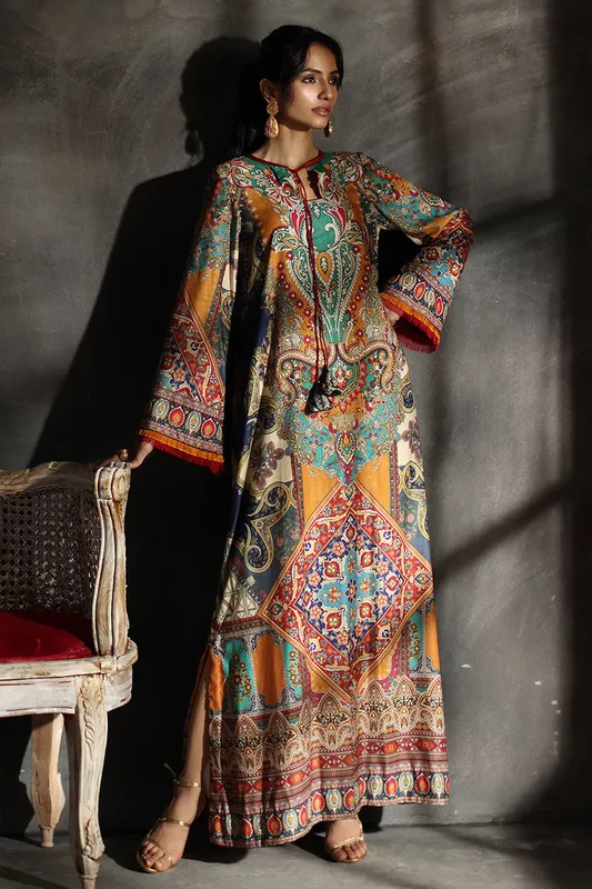 Multicolour velvet kaftan with printed motif – view 1 – Poshaq