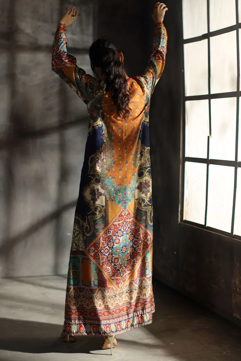 Multicolour velvet kaftan with printed motif – view 2 – Poshaq