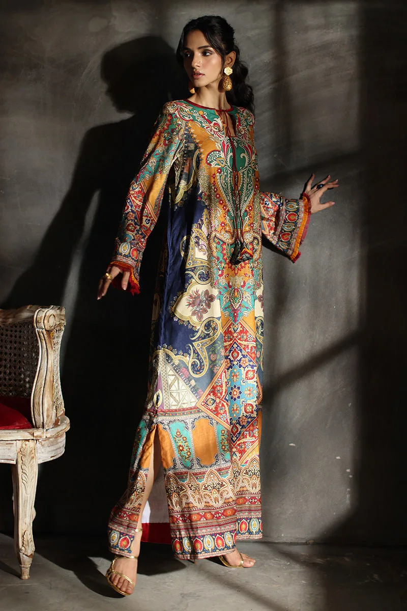 Multicolour velvet kaftan with printed motif – view 3 – Poshaq