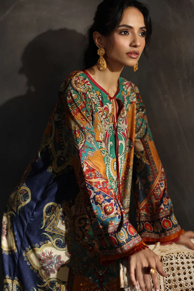 Multicolour velvet kaftan with printed motif – view 5 – Poshaq