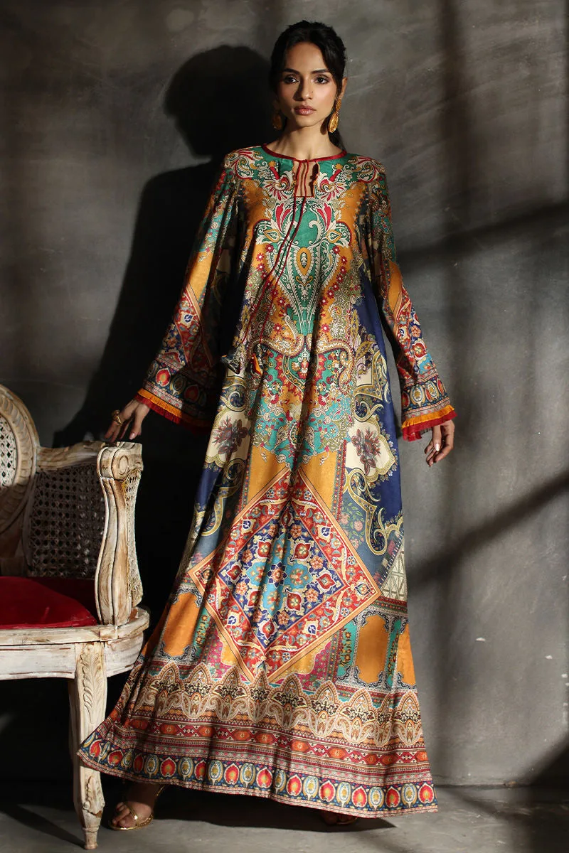 Multicolour velvet kaftan with printed motif – view 6 – Poshaq