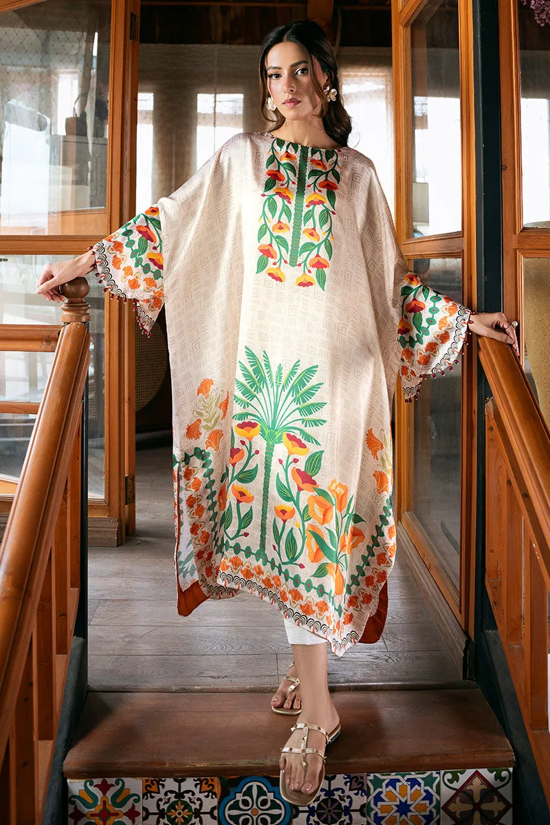 Off white silk kaftan with floral print – view 1 – Poshaq