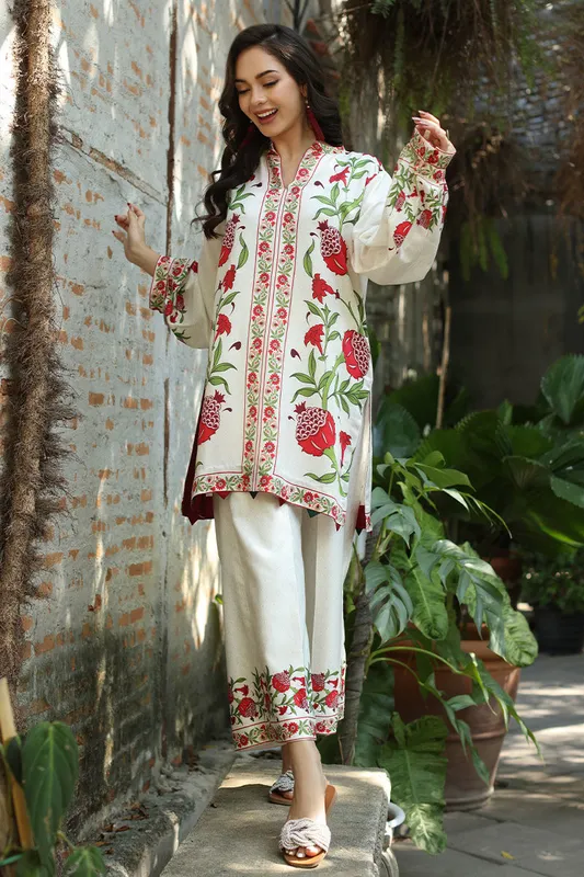 Off white lawn set with subtle hand‑stitched detailing – view 1 – Poshaq
