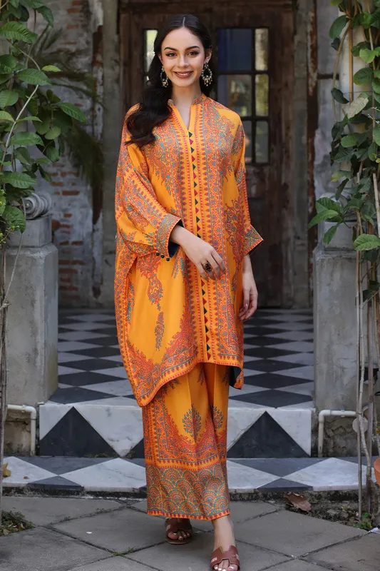 Orange lawn co‑ord set by Aisha Imran featuring a tailored top and matching trousers – view 1 – Poshaq