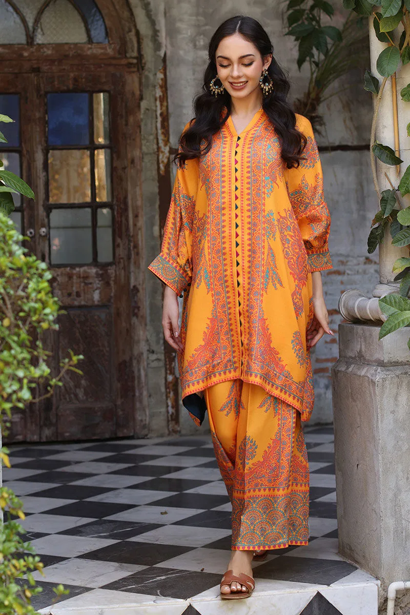 Orange lawn co‑ord set by Aisha Imran featuring a tailored top and matching trousers – view 4 – Poshaq
