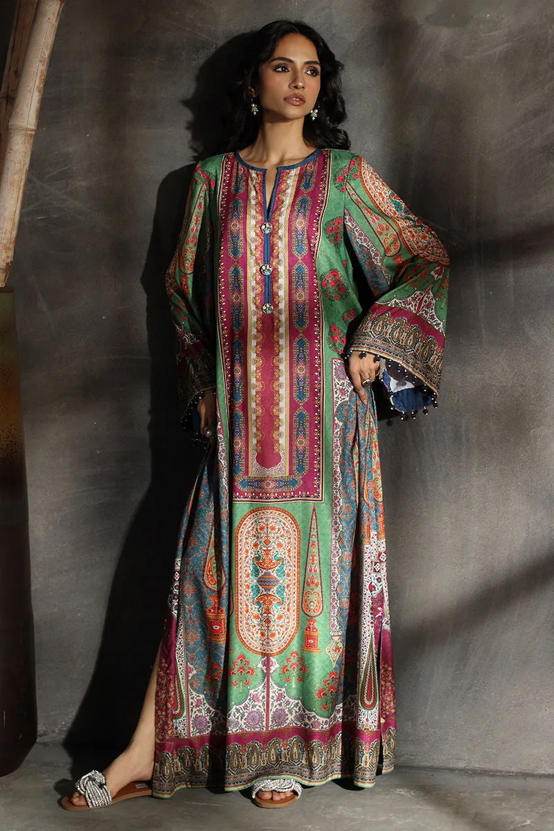 Velvet long shirt with subtle multicoloured print and minimal neckline embroidery – view 1 – Poshaq