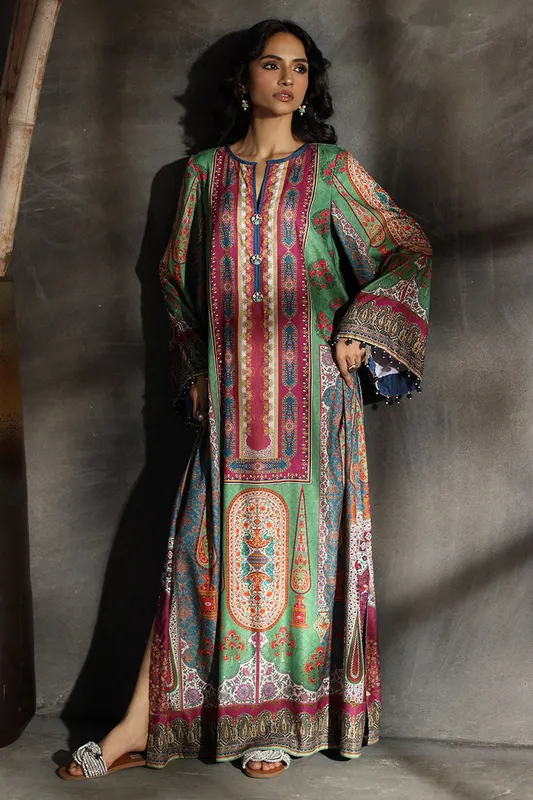 Velvet long shirt with subtle multicoloured print and minimal neckline embroidery – view 1 – Poshaq