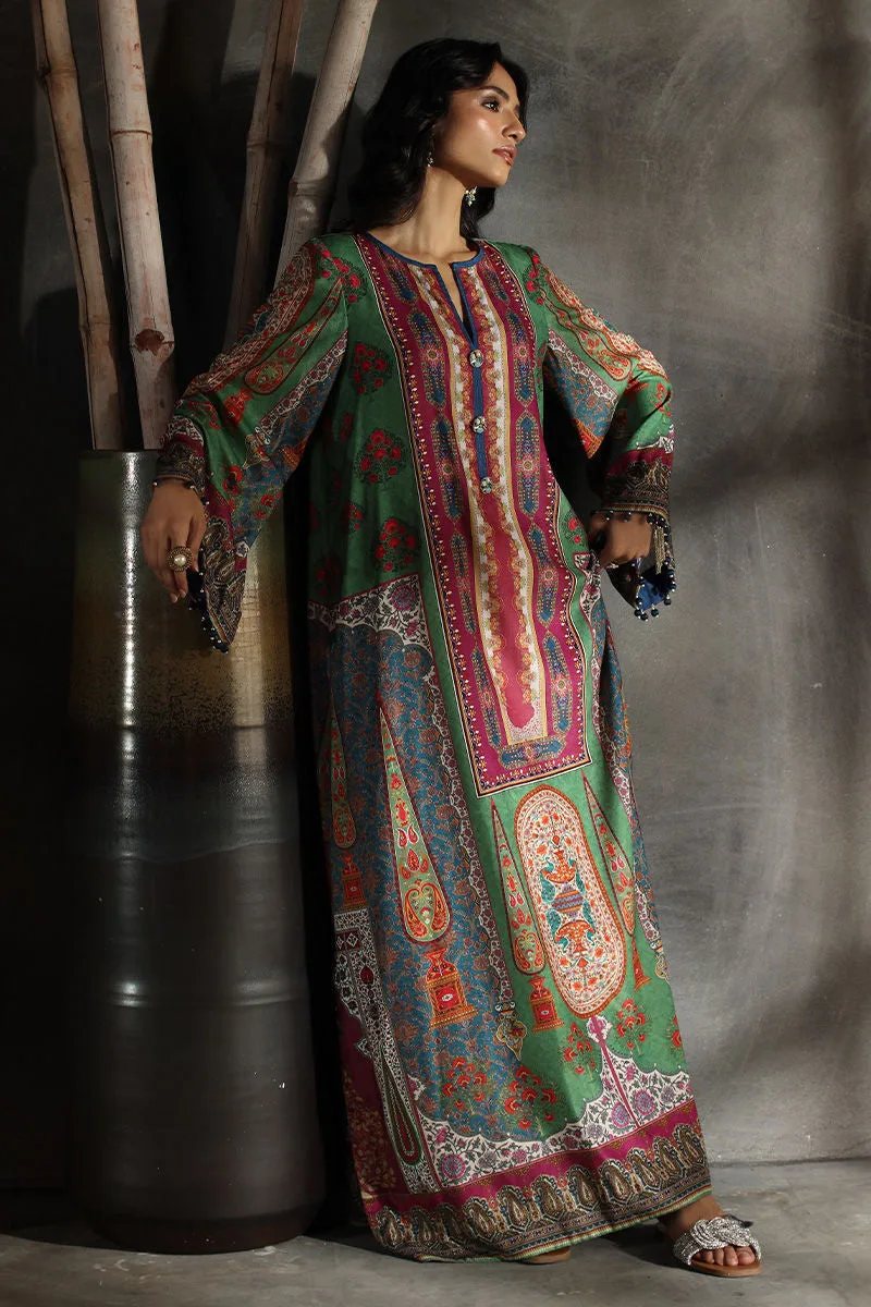 Velvet long shirt with subtle multicoloured print and minimal neckline embroidery – view 2 – Poshaq