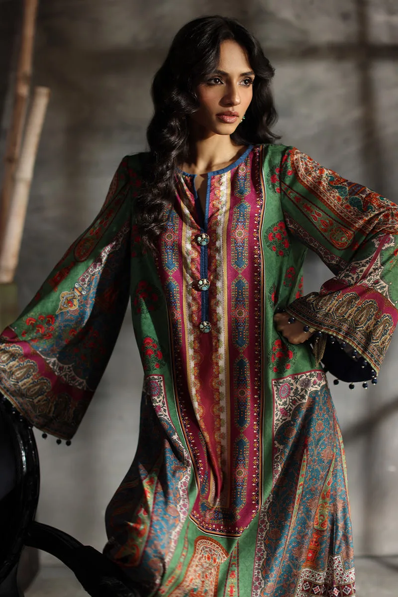 Velvet long shirt with subtle multicoloured print and minimal neckline embroidery – view 3 – Poshaq