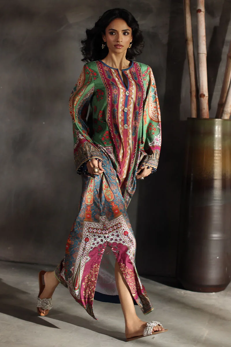Velvet long shirt with subtle multicoloured print and minimal neckline embroidery – view 4 – Poshaq