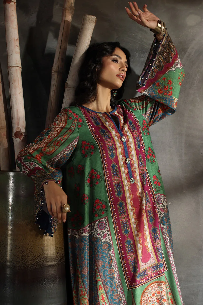 Velvet long shirt with subtle multicoloured print and minimal neckline embroidery – view 5 – Poshaq