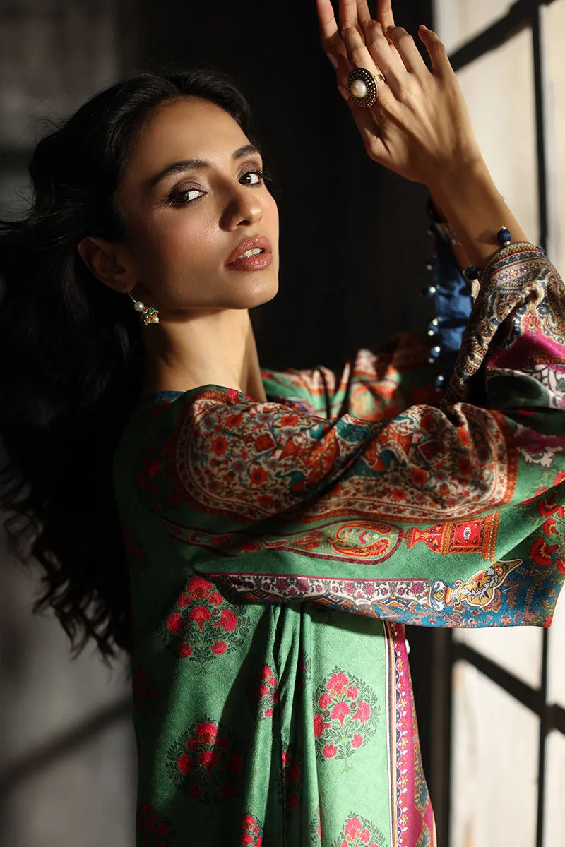 Velvet long shirt with subtle multicoloured print and minimal neckline embroidery – view 6 – Poshaq