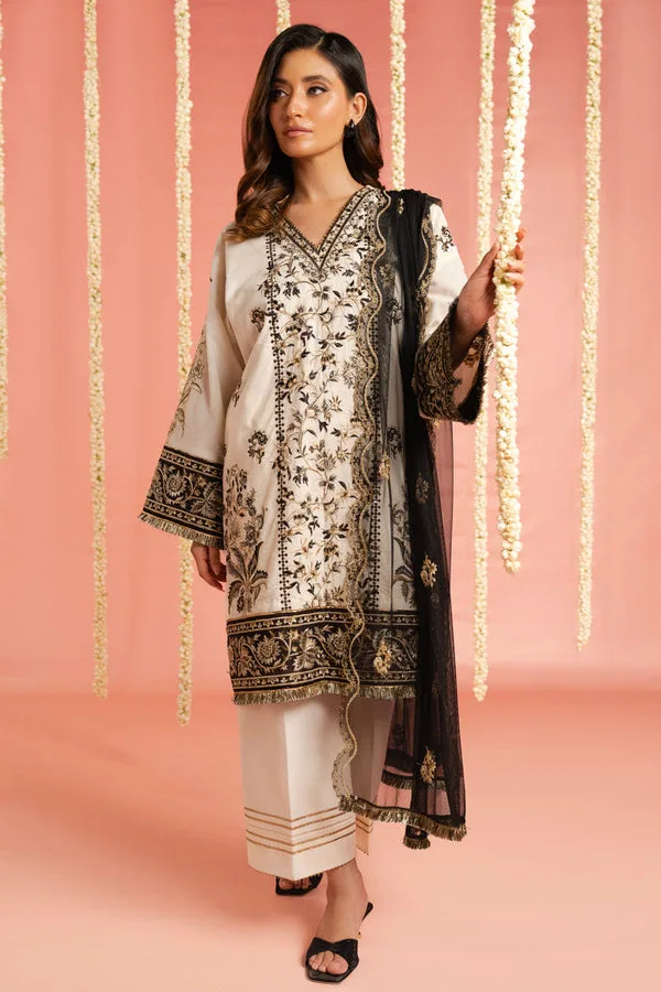 Off white lawn ensemble with organza shirt and net dupatta – view 1 – Poshaq