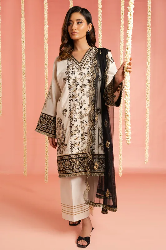 Off white lawn ensemble with organza shirt and net dupatta – view 1 – Poshaq