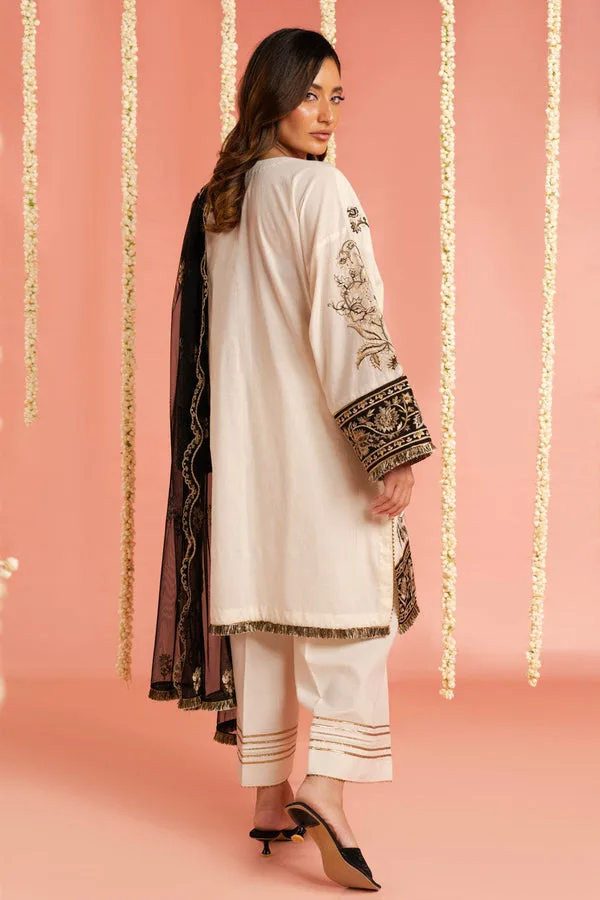 Off white lawn ensemble with organza shirt and net dupatta – view 2 – Poshaq