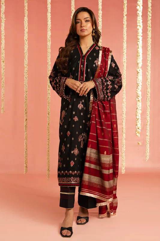 Black Jacquard Long Shirt with subtle organza trim – view 1 – Poshaq