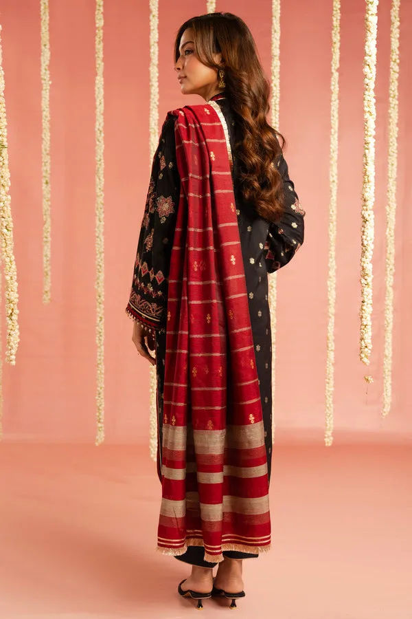 Black Jacquard Long Shirt with subtle organza trim – view 2 – Poshaq