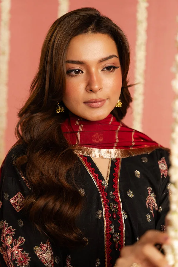 Black Jacquard Long Shirt with subtle organza trim – view 3 – Poshaq