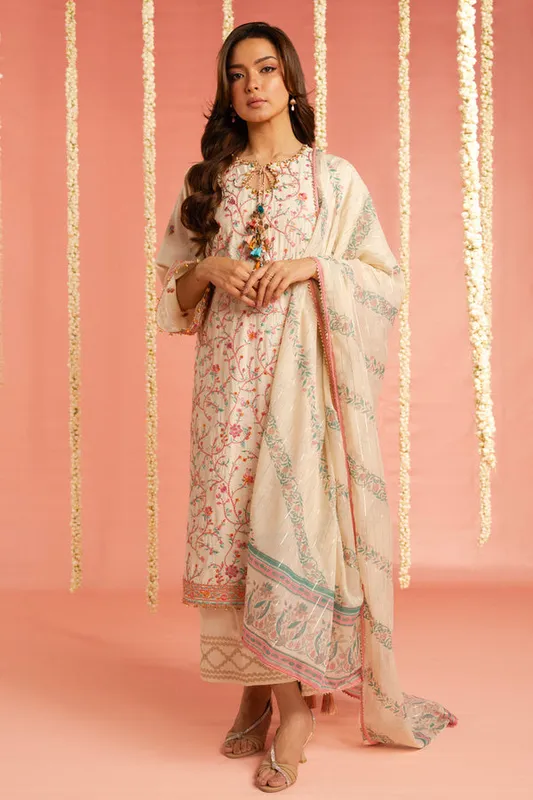 Cream long shirt with jacquard detailing – view 1 – Poshaq