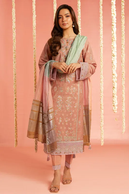 Peach long shirt with jacquard and organza accents – view 1 – Poshaq